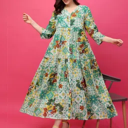 RANGRIWAZ Women Floral Printed Gathered or Pleated V-Neck Fit & Flare Midi Dress-image-94