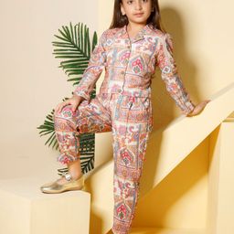Peppermint Pretty Classy Girls Printed Long Sleeves Linen Shirt With Trousers-image-36