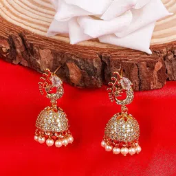 TANAIRA Gold Plated AD Studded And Pearls Beaded Dome Shaped Jhumkas-image-25