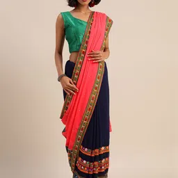 DIVASTRI Ethnic Motifs Kutchi Embroidery Pure Georgette Half and Half Saree-picture-49