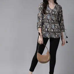 Prakrti Floral Printed V-Neck Pure Cotton Pleated Kurti-picture-14