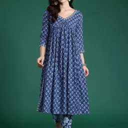 Indo Era Floral Printed Empire Pure Cotton Kurta with Trousers-25