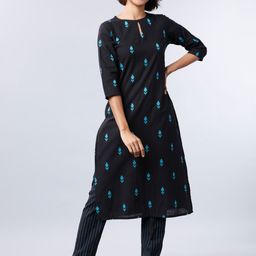 Vishudh Women Black & Turquoise Blue Embroidered Kurta with Trousers-image-85