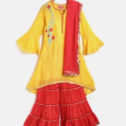 Biba Girls Mustard Yellow & Red Solid Kurta with Sharara & Dupatta-image-8