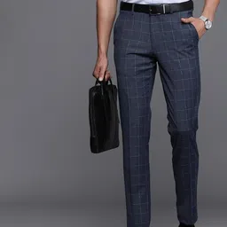 Louis Philippe Men Blue Checked Slim Fit Trousers-image-81