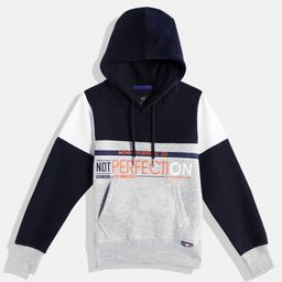 Little Marco Boys Navy Blue & Grey Melange Colourblocked Hood Sweatshirt-image-2