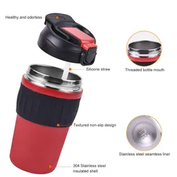 YELONA Red Stainless Steel Coffee Tumbler With Lid & Straw 480 ML image 2