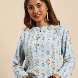 Sangria Women Blue & Green Geometric Printed Crepe Kurta-image-92