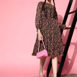 Antheaa Black & Pink Floral Print Chiffon A-Line Knee Length Dress-image-64