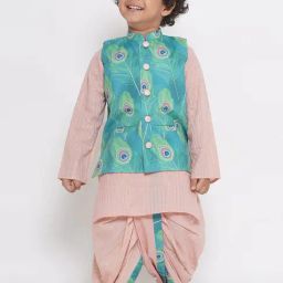 Little Bansi Kids Peach & Green Printed Full Sleeves Kurta, Dhoti with Jacket-image-82
