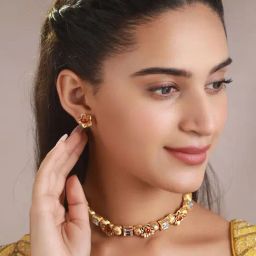 Priyaasi Floral Pink & Golden Necklace and Earring Set-image-51