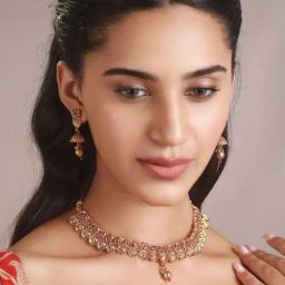 Priyaasi Floral Pink & Golden Necklace and Earring Set-24