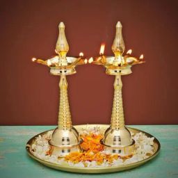 Ekaa Handicrafts Gold Brass Kerela Oil Lamp Nilavilakku Diya (Set of 2)-image-1
