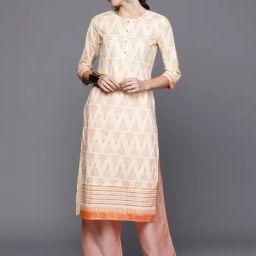Indo Era Cream Cotton Printed Straight Kurta-image-14