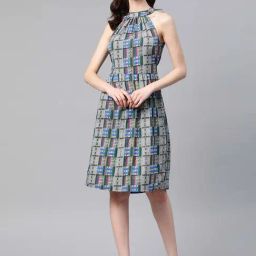 Cottinfab Grey & Green Printed A-Line Crepe Dress-image-35
