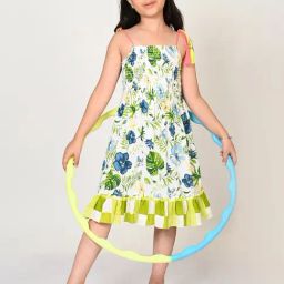 Lil Drama Kids White & Green Floral Print Dress-image-16