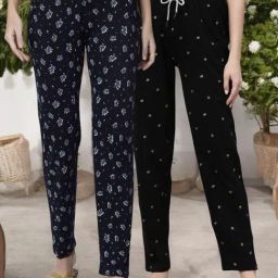 Kryptic Black & Navy Cotton Relaxed Fit Printed Lounge Pants - Pack of 2-image-80