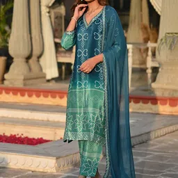 Ekta Textiles Women Bandhani Printed Regular Thread Work Kurti with Pyjamas & With Dupatta image 3