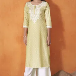 Anouk Lime Green Ethnic Motifs Embroidered Round Neck Straight Kurta-image-10