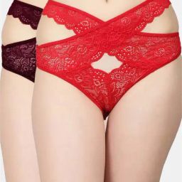N-Gal Red & Maroon Lace Work Panties - Pack Of 2-image-60