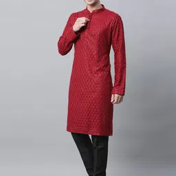 Shiv Leela Ethnic Motifs Embroidered Mandarin Collar Sequinned Cotton Straight Kurta-picture-10
