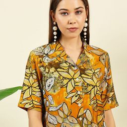 THE FAB FACTORY Women Tropical Print Lapel Collar Shirt Style Top-image-52