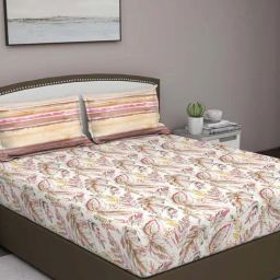 GM Brown & White Cotton 180 TC Super King Size Bedsheet With 2 Pillow Cover-image-29