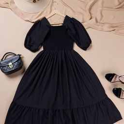 Jash Creation Women Solid Square Neck Puff Sleeve Crepe Fit & Flare Maxi Dress-image-78