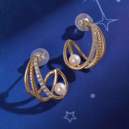 Mia by Tanishq Pearl Planets in Orbit 14k Gold & Diamond Hoop Earrings-image-2