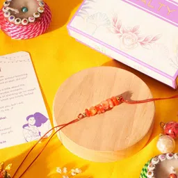 SALTY Set Of 5 Tangerine Quartz Studded Thread Rakhis With Greeting Card & Roli Chawal image 2