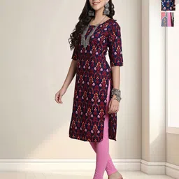 HERE&NOW Women Pack Of 3 Ethnic Motifs Printed Crepe Straight Knee Length Kurta-image-93