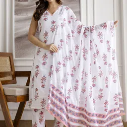 Trendmalls Women Floral Printed Pure Cotton A-Line Kurta With Trousers & Dupatta-picture-43