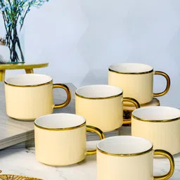 Roxx Off White & Gold-Toned 6 Pieces Dishwasher Safe Porcelain Glossy Finish Mugs 200ml-image-78