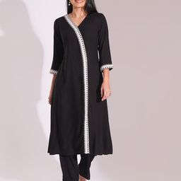 Globus Women Embroidered Lace Details V-Neck Thread Work A-Line Kurta with Trouser-24