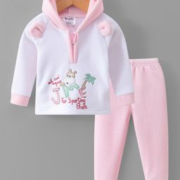 Kookie Kids Full Sleeves Winter Wear Hoodie & Lounge Pant Set with Text Embroidery - Pink & White-image-94