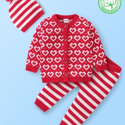 Babyhug Organic Cotton Full Sleeves Sweater Set with Cap Striped and Heart Design - Red-picture-22