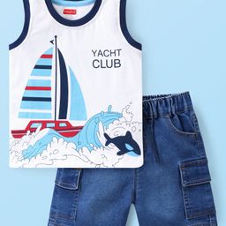Babyhug Single Jersey Knit Sleeveless  T-Shirt & Denim Shorts with Boat Print - Blue & White-image-1
