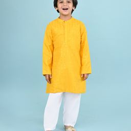 Babyhug Woven Full Sleeves Sequinned Embroidered Kurta With Pyjama Set - Yellow & White-picture-11