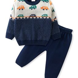 Babyhug Knit Full Sleeves Sweater Set with Cars Design - Navy Blue-picture-17