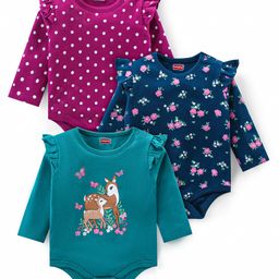 Babyhug 100% Cotton Interlock Knit Full Sleeves Onesies With Polka Dot & Floral Print Pack of 3 - Purple Green & Navy-image-70