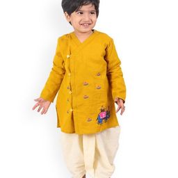 Little Ginnie Cotton Full Sleeves Floral & Elephant Embroidered Kurta & Dhoti Set - Mustard-image-89