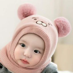 Ziory Woolen Bear Designed Cap With Attached Scarf - Pink-image-36