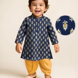 Earthy Touch Cotton Woven Full Sleeves Floral Printed Kurta Dhoti Set - Indigo-picture-33