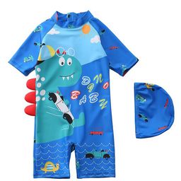 The Mom Store Half Sleeves Dinosaur Printed & Applique Detailed Swimsuit With Cap - Blue-image-48