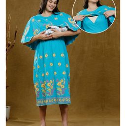 True Shape Half Cape Sleeves Floral Printed Lace Embellished Maternity Poncho Gown With Nursing Access - Blue-image-55