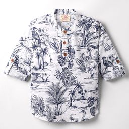 Rikidoos Full Sleeves Palm Trees Printed Kurta Style Shirt - White & Blue-picture-46