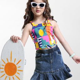 Ollington St.Cotton Sleeveless Printed Top & StretchableDenim Skirt Set - Multicolor & Indigo-image-97