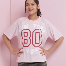 Lil Tomatoes Cotton Half Sleeves New York Text Printed Top - Pink-image-54