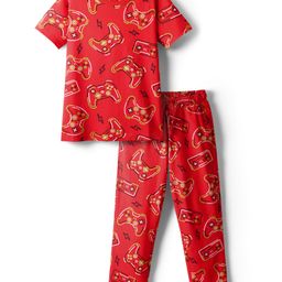 Pine Kids Single Jersey Knit Half Sleeves Night SuitCo-ordwith Gaming Text Print - Red-image-57