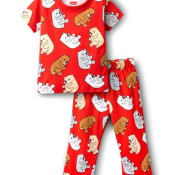 Babyhug Cotton Knit Half Sleeves Co-ords Night Suit With Bear Print - Red-image-54